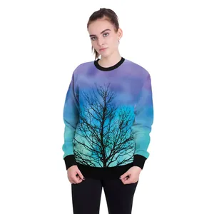 Women's crewneck sweatshirt featuring tree print and purple to teal gradient color