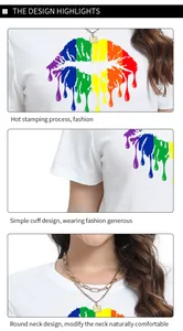 Detailansicht des Regenbogen-Lippendrucks und Rundhalsausschnitts am weißen T-Shirt