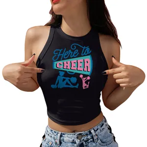 Slim fit black crop top for women with Here to Cheer slogan and cheerleader print