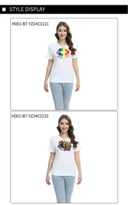 Detailansicht von Baumwoll-T-Shirts mit Regenbogen-Lippen und Stay Me Grafik-Kunstdruck