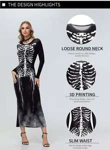 Detail view of round neckline and 3D skeleton print on black long sleeve maxi dress