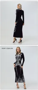 Front and back view of long-sleeved Halloween maxi dress with white skeleton digital print