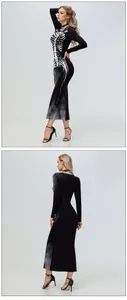 Close-up of Halloween long sleeve maxi dress featuring detailed white skeleton bone print