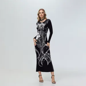 Women Halloween Skeleton Maxi Dress Gothic Long Sleeve Bodycon Polyester Spandex Dress For Ghost Party Role Play Roleplay