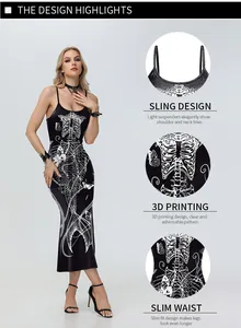 Detail of 3D bone and butterfly print on a black gothic slim fit dress with slit