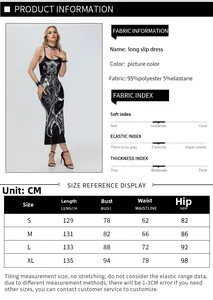 Size chart for skeleton print slit dress including measurements and fabric composition