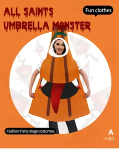 Détail du costume monstre Kasa-obake orange avec grands yeux et langue pour Halloween