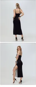 Detail of black backless camisole dress featuring high side slit and zebra print lining