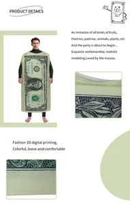 Détails de l'impression 3D du billet d'un dollar et coutures de ce costume drôle