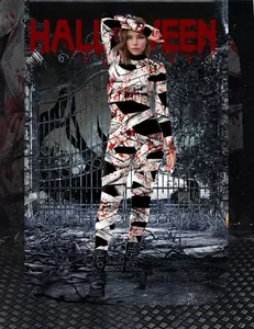 Detail of bloody bandage print on the slim fit Halloween horror bodysuit costume