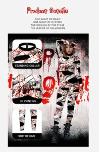 Detail of 3D bloodstained bandage prints on Halloween bodysuit with stand collar and feet