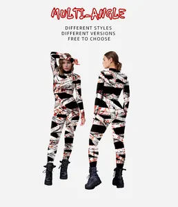 Detail view of bloody mummy bandages print on this slim fit Halloween jumpsuit