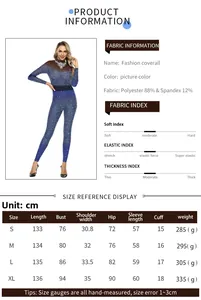 Detailed size chart and fabric specifications for digital print black pearl bodysuit