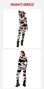 Front and back detail of mummy jumpsuit with blood splatter print for Halloween costumes