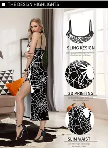 Detail van Halloween-jurk met 3D-spinnenwebprint en een sexy ontwerp met hoge zijsplit