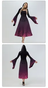 Vorder- und Rückansicht des Kapuzen-Gothic-Kleids mit Schlagärmeln und Zweigprint