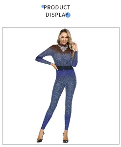 Detail of blue gradient jumpsuit featuring intricate silver rhinestone collar and sequins
