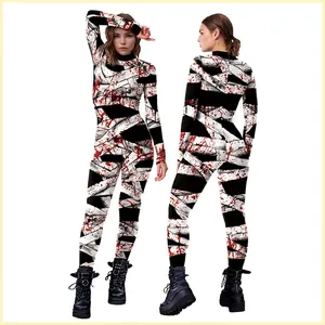 Women Halloween Bloody Mummy Jumpsuit Horror 3D Digital Print Long Sleeve Skinny Bodysuit Polyester Spandex Party Cosplay