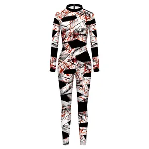 Halloween women's mummy jumpsuit with bloody bandage print and high neck design