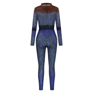 Back view of digital print bodysuit with blue sequins and rear zipper for stage wear