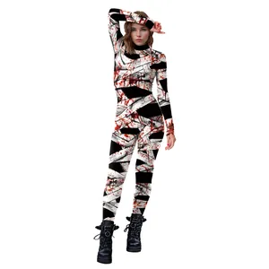 Women's Halloween mummy bodysuit with bloody bandage print for horror cosplay costume