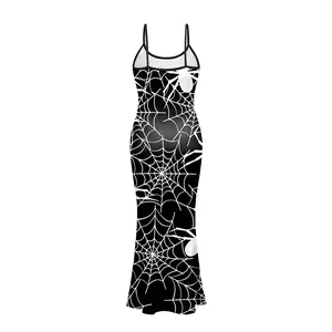 Halloween Spinnenweb Print Spaghettibandjes Maxi Jurk Voor Dames Gothische Hoge Split Slim Fit Sexy Bodycon Party Jurk