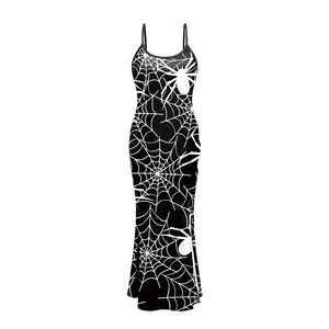 Sexy Halloween maxi-jurk met spinnenwebprint en dunne bandjes in nauwe pasvorm
