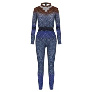 Long-sleeved turtleneck bodysuit with blue gradient digital print and sparkling rhinestones