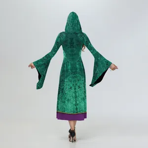 Smaragdgrünes Halloween Kapuzenkleid mit Glockenärmeln und lila Saum in der Rückansicht