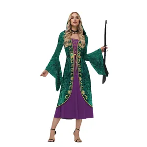 Gothisches Hexen-Halloween-Kapuzenkleid mit Glockenärmeln und goldenen Runenaufdrucken