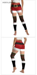 Vista frontale e posteriore dei leggings natalizi a vita alta con design a cintura di Babbo