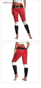 Vista frontale e posteriore dei leggings natalizi a righe bianche rosse e cintura Babbo