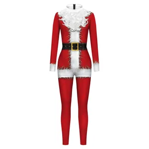 Detailansicht des Weihnachts-Jumpsuits für Damen mit Kunstpelzbesatz und Gürteldruck