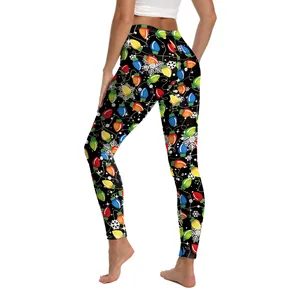 Leggings natalizi da donna con stampe di lampadine colorate e fiocchi di neve bianchi
