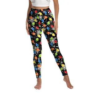 Leggings natalizi da donna con stampe di lampadine e fiocchi di neve a vita alta
