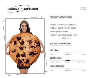 Detalle de especificaciones del disfraz de galleta y propiedades de la tela de esponja