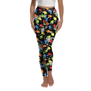 Leggings yoga natalizi da donna con stampa a lampadine colorate e fiocchi di neve