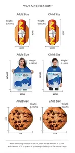 Tabla de tallas para disfraces de comida como perrito caliente, leche y galleta con medidas