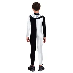 Back view of a black and white split children's clown bodysuit with ruffled collar