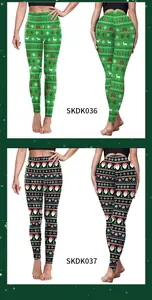 Vorder- und Rückseite von Damen-Weihnachtsleggings mit festlichen Baum- und Weihnachtsmann-Prints