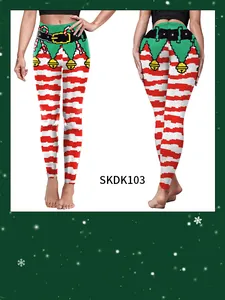 Vista anteriore e posteriore dei leggings natalizi con strisce rosse pixel e campane