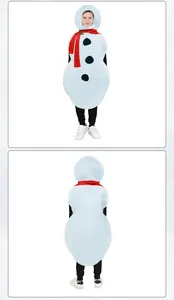 Front and back detail of white snowman costume with red scarf and black buttons