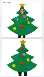 Front and back view of a green Christmas tree costume with colorful ornaments and star
