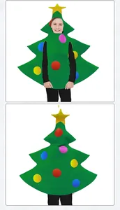 Detail of Christmas tree costume with colorful dot ornaments and yellow star on top