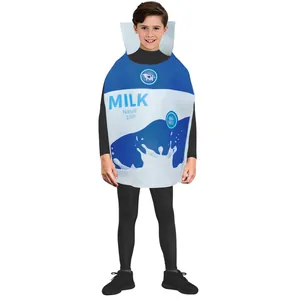 Disfraz divertido de brik de leche para niños para Halloween con estampado azul y blanco