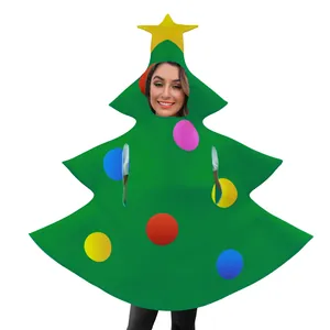 Christmas tree shaped party costume with colorful ornaments and a yellow star topper