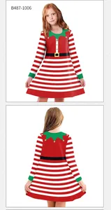 Vues détaillées avant et arrière d'une robe de Noël rayée de style lutin pour filles