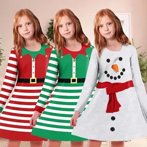Robe Ligne A à Manches Longues de Noël pour Filles Imprimé Numérique de Bonhomme de Neige et Elfe pour l'Automne