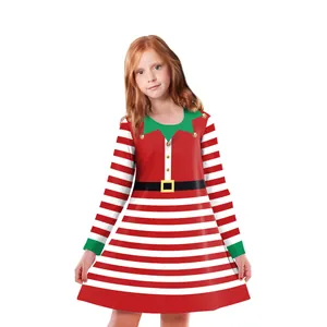 Robe de Noël à manches longues pour filles avec rayures d'elfe et imprimé bonhomme