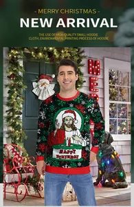 Close-up of Jesus Christmas print on black sweatshirt with festive snowflake details